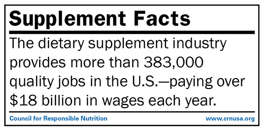 The dietary supplement industry provides more than 383,000 quality jobs in the U.S.—paying over $18 billion in wages each year. 