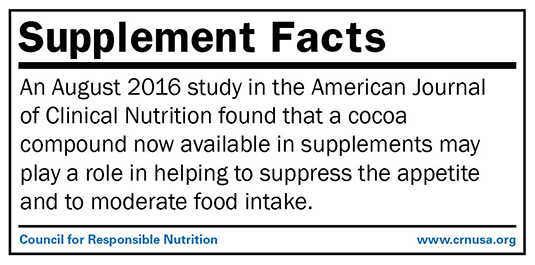 An August 2016 study in the American Journal of Clinical Nutrition found that a cocoa compound now available in supplements may play a role in helping to suppress the appetite and to moderate food intake. 