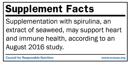 Supplementation with spirulina, an extract of seaweed, may support heart and immune health, according to an August 2016 study.