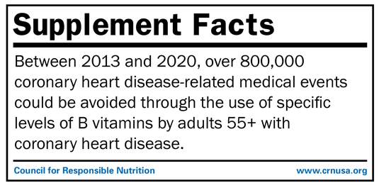 •	Between 2013 and 2020, over 800,000 coronary heart disease-related medical events could be avoided through the use of specific levels of B vitamins by adults 55+ with coronary heart disease. 