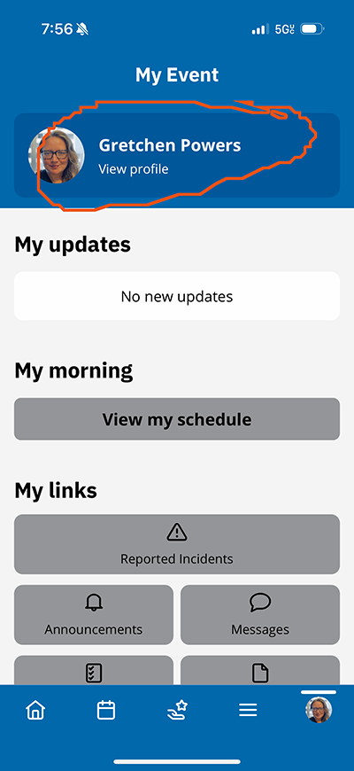 My Event screen showing the View profile option