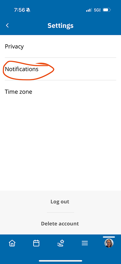 Settings screen showing the Notifications option