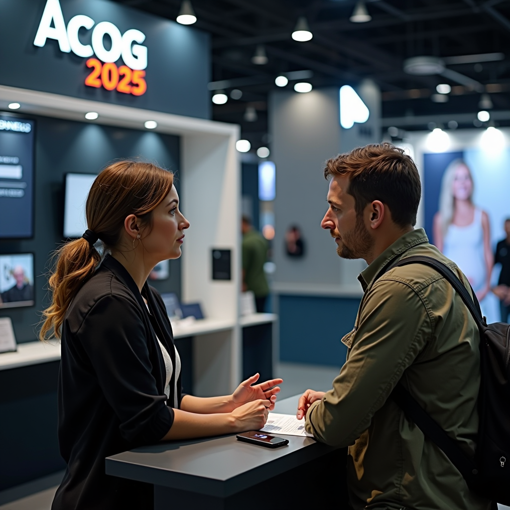 AI image of man and woman talking at conference.