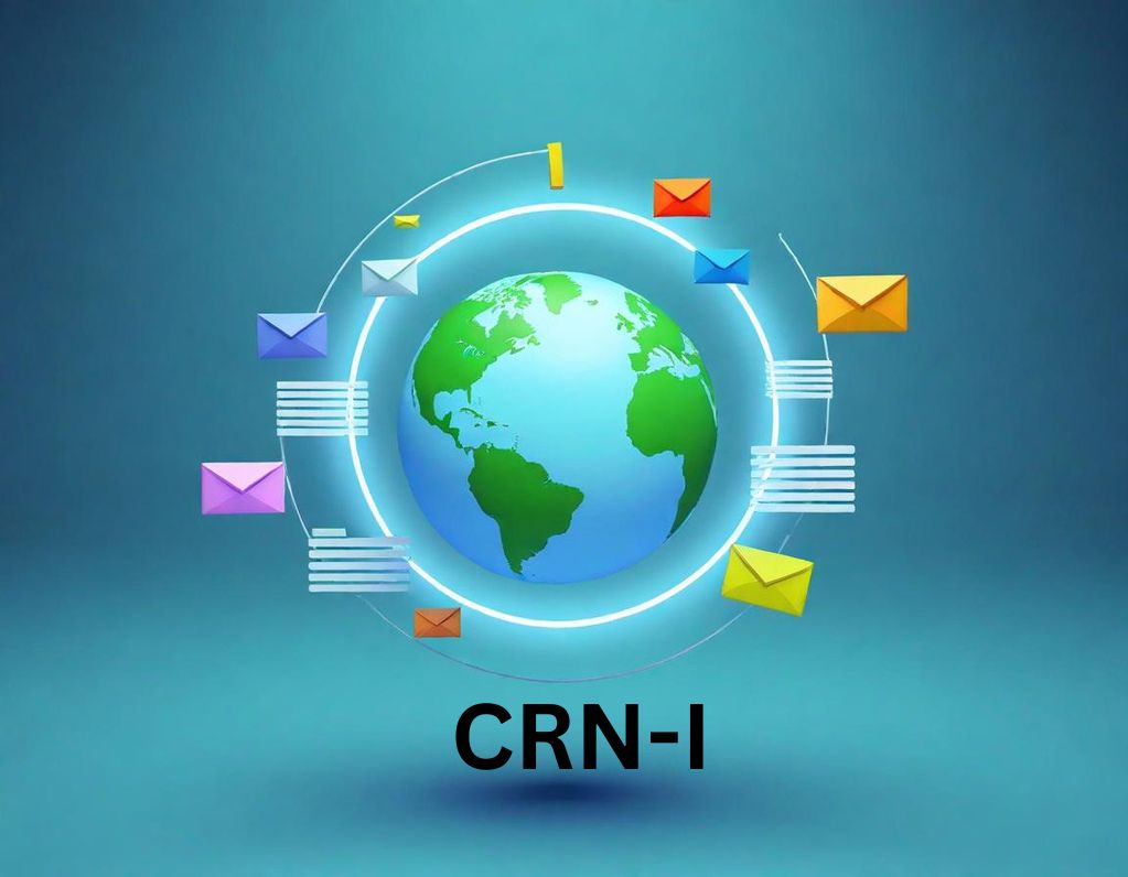 Globe graphic with emails circling and CRN-I label.