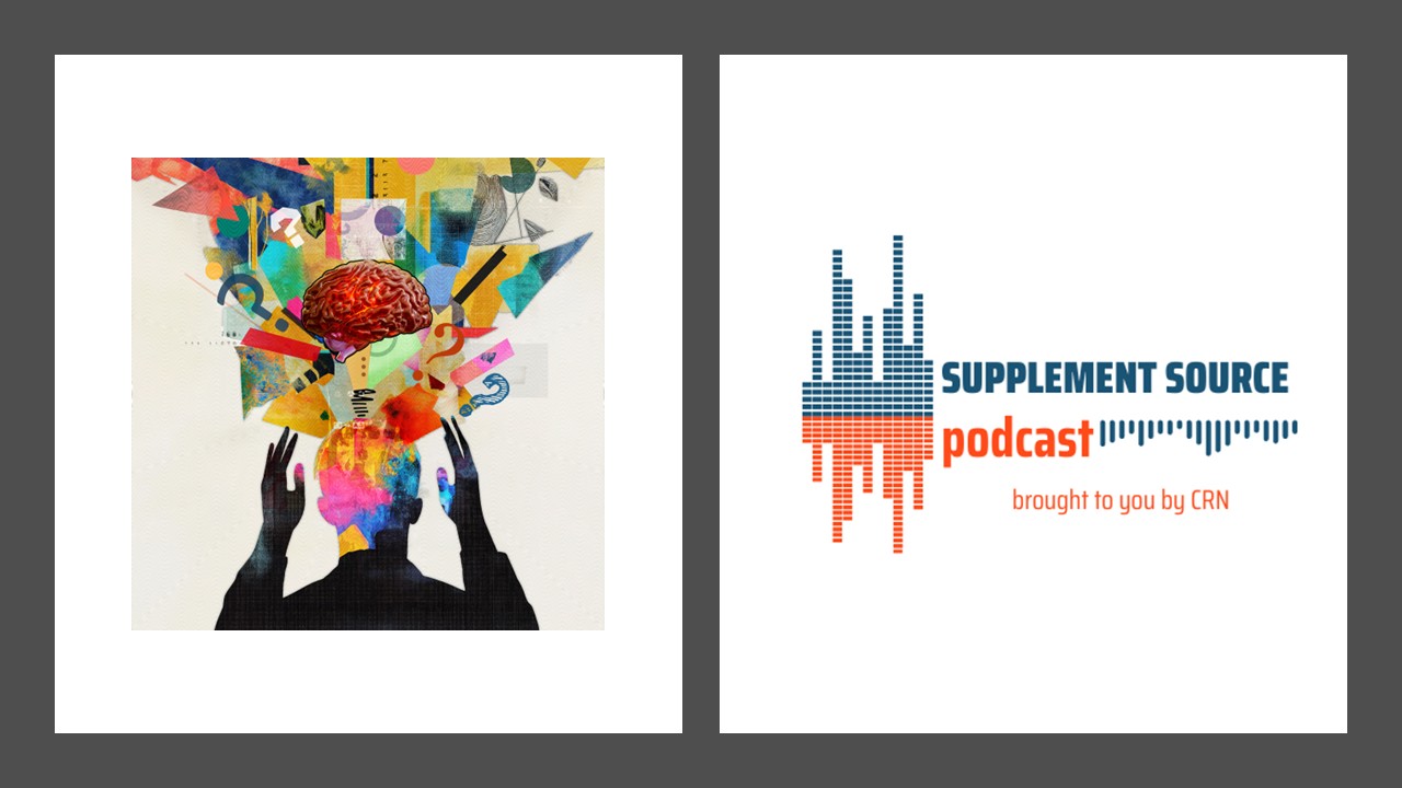 Podcast graphic with brain graphic.