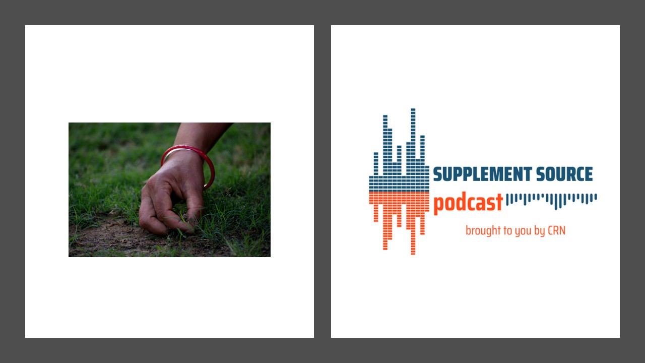 Podcast logo paired with hand pulling weed in field.