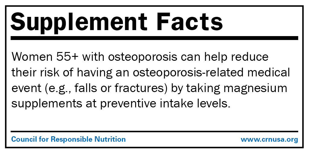 Women 55+ with osteoporosis can help reduce their risk of having an osteoporosis-related medical event (e.g., falls or fractures) by taking magnesium supplements at preventive intake levels. 